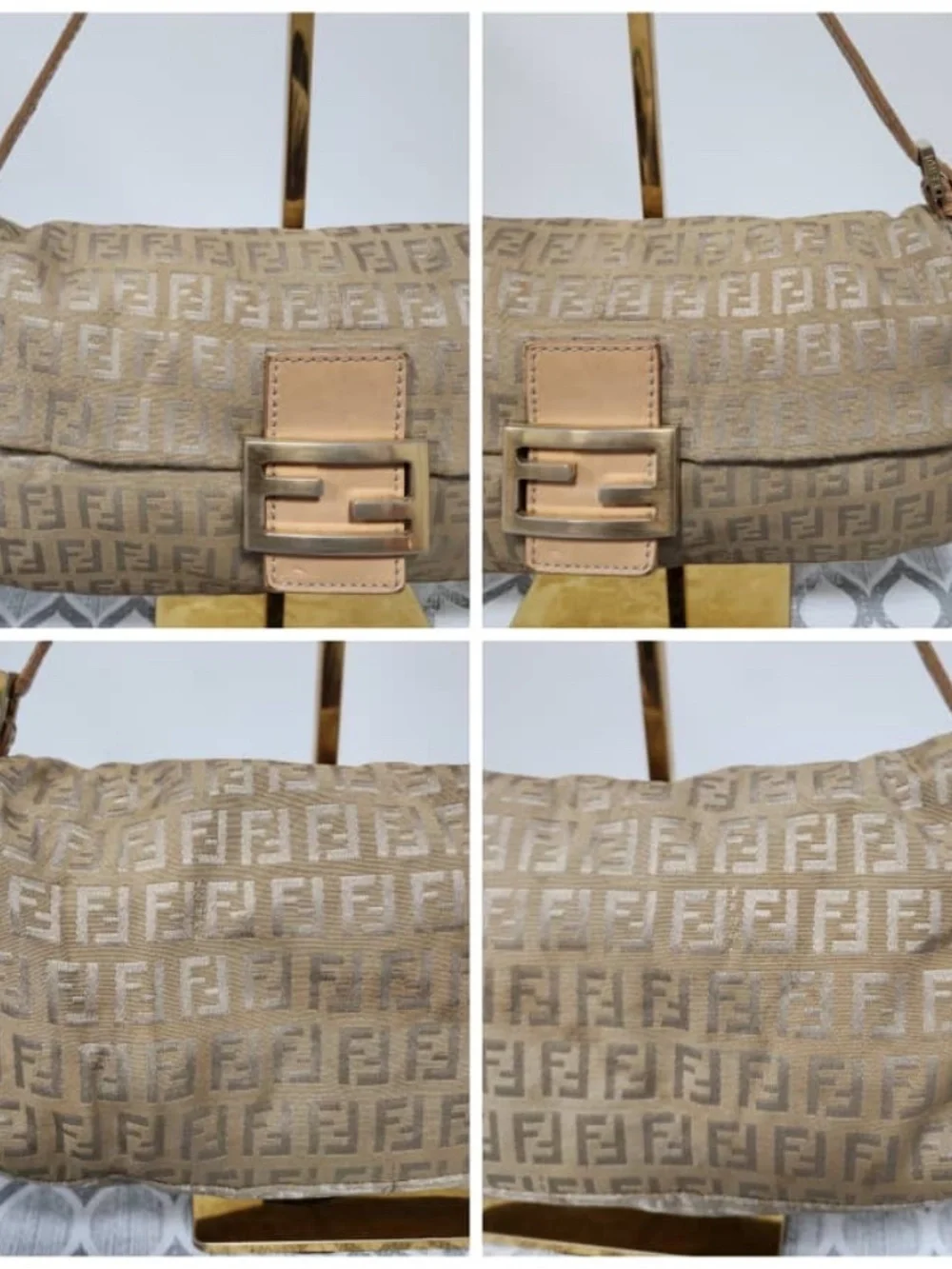Authentic FENDI Metallic Zucchino Canvas Baguette Bag Gold/Beige